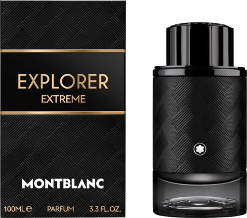 Een zwarte Montblanc Explorer Extreme parfumfles met textuurpatroon naast de doos. Elegant en gedurfd ontwerp.