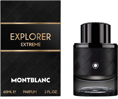 Montblanc Explorer Extreme parfumdoos en fles in zwart met gouden accenten.