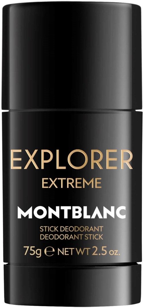 Een zwarte deodorantstaaf met Montblanc Explorer Extreme, 75 gram, met goudkleurige en witte tekst op de container.
