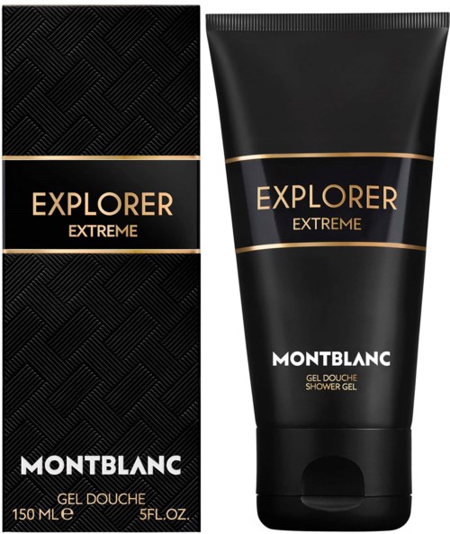 Een zwarte douchegelflacon en doos met goud- en witte tekst, gemerkt 'Explorer Extreme' door Montblanc.