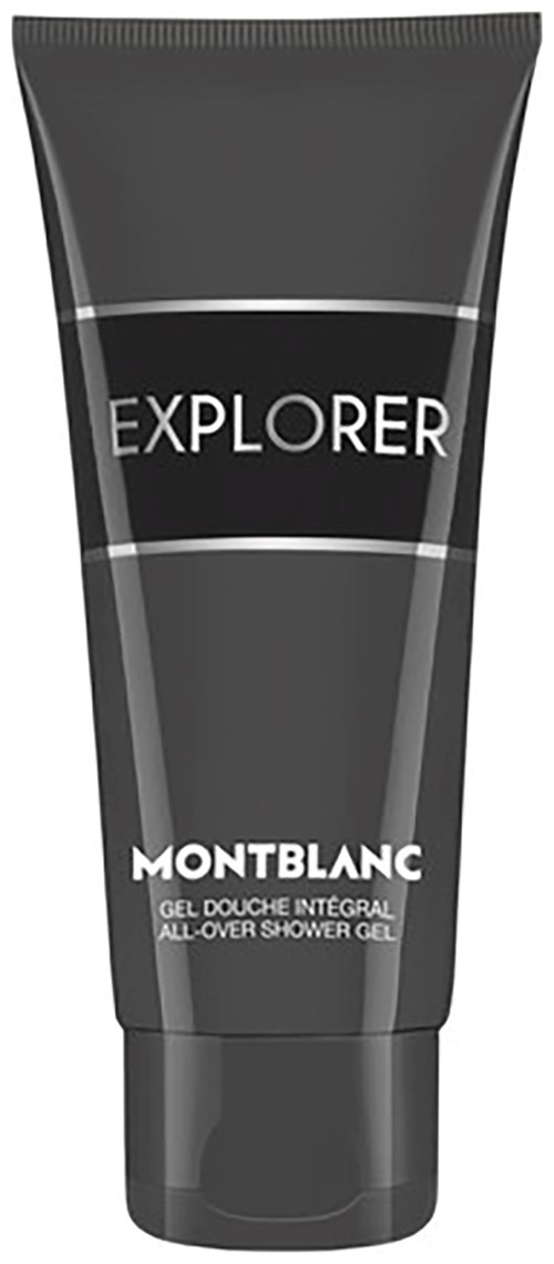 Een zwarte tube Montblanc Explorer douchegel met witte en grijze tekst en ontwerpdetails.