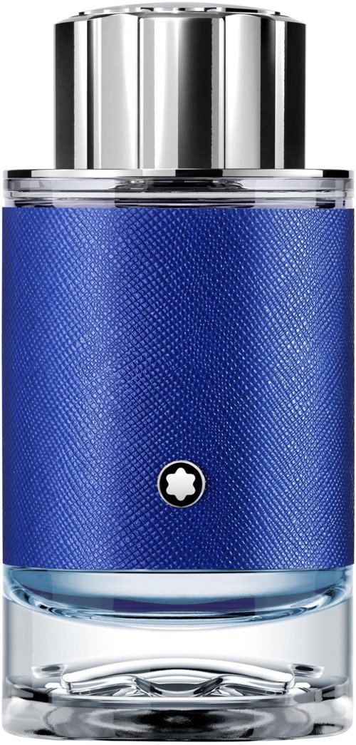 Een parfumfles met een blauwe textured label en een zilveren dop.