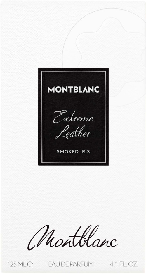 Montblanc Extreme Leather Smoked Iris parfummerkenetiket met merk- en geurgegevens.