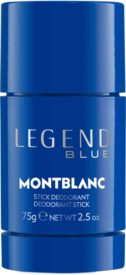 Een blauwe deodorantstift met witte tekst, gemerkt 'Legend Blue' en 'Montblanc', weegt 75g.