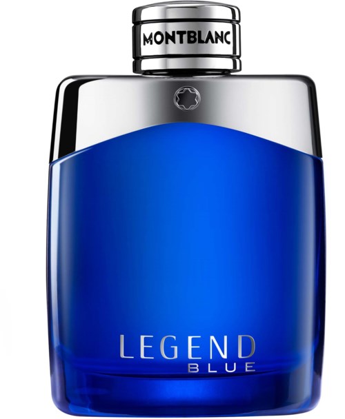 Een blauwe Montblanc Legend Blue perfume fles met zilveren dop en slank ontwerp.