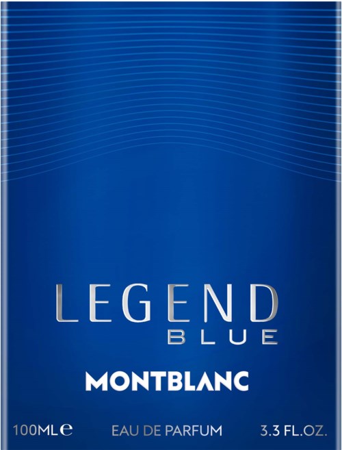 Blauwe parfumpakket met witte tekst, merknaam Montblanc en productnaam Legend Blue.