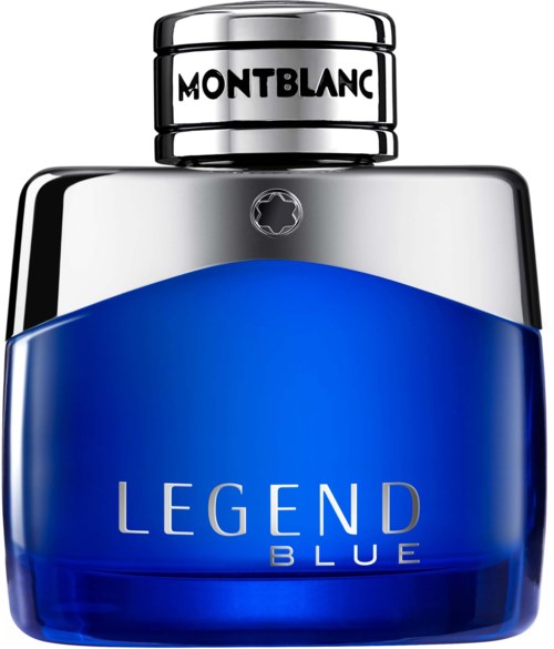 Een blauwe en zilveren parfumfles met 'Legend Blue' en 'Montblanc' erop.