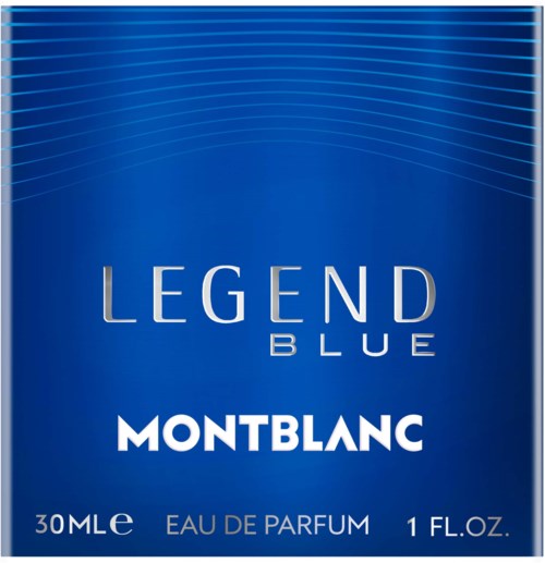 Blauwe verpakking met witte tekst voor Montblanc parfum, 30 ml, Eau de Parfum.