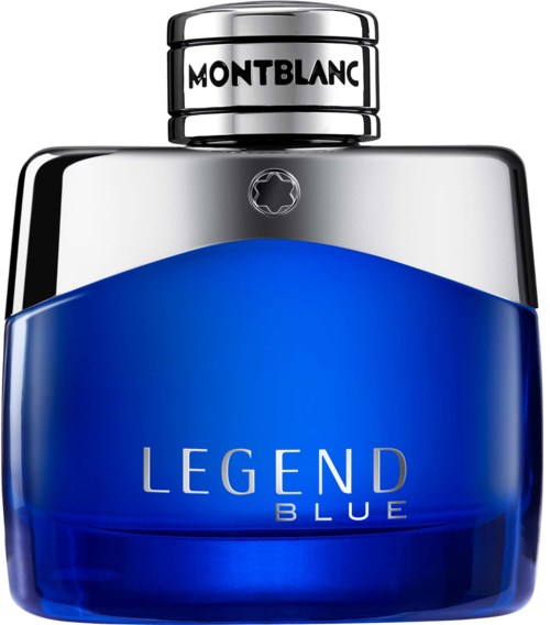 Een blauwe en zilveren parfumfles met Montblanc-merk en de woorden 'LEGEND BLUE'.