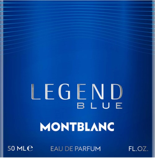 Een blauwe parfumdoos met witte en zilveren tekst, merknaam Montblanc en productnaam Legend Blue, 50 ml.