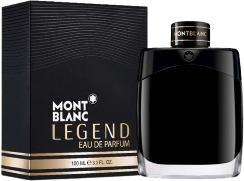 Een zwart parfumflesje en doos, met Mont Blanc Legend branding in goud en wit, simpel en elegant ontwerp.