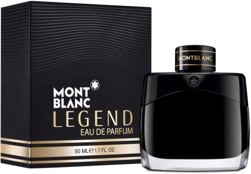 Een zwarte parfumfles en doos met gouden en witte tekst, gemarkeerd Montblanc Legend Eau de Parfum, 50 ml.