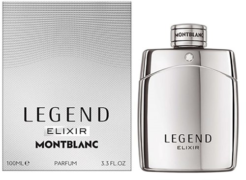 Montblanc Legend Elixir parfumfles en doos met eenvoudig zwart-wit ontwerp.