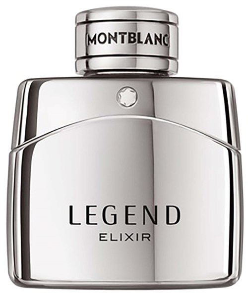 Een glanzende zilveren fles met ronde dop gemerkt Montblanc, met Legend Elixir parfum.