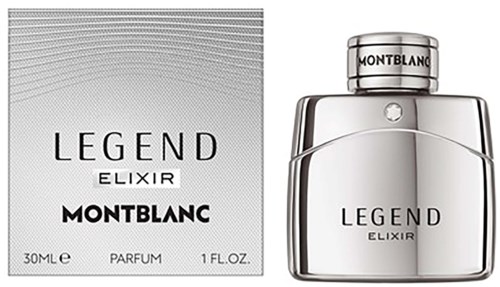 Een parfumfles en doosje met Legend Elixir van Montblanc, zilverkleurig en strak ontwerp. 30 ml inhoud.