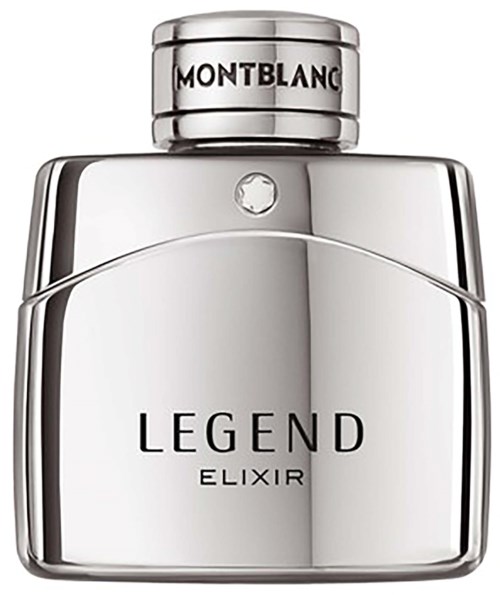 Een glanzende zilveren parfumfles met een ronde dop en de woorden Legend Elixir op de voorkant.