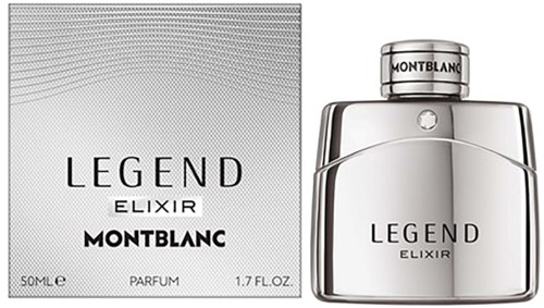 Een parfumfles en doos met de woorden Legend Elixir Montblanc, eenvoudig ontwerp, zilveren kleur, elegante uitstraling.