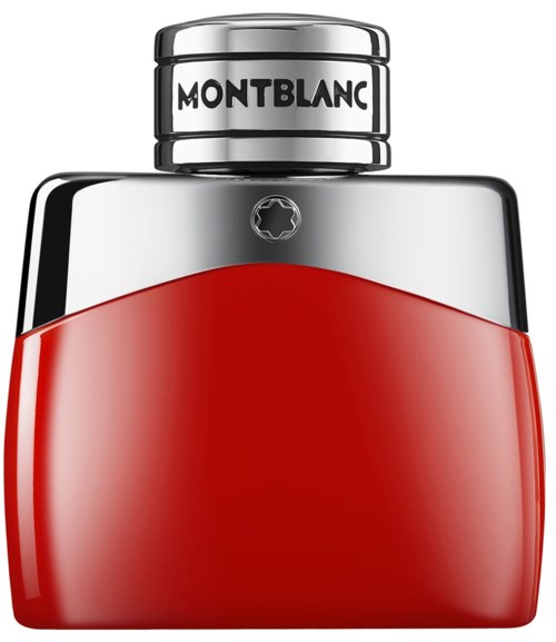 Een rode parfumfles met een glanzende zilveren Dop en de merknaam 'Montblanc' bovenop.