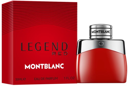 Een rode parfumbot en doos met 'Legend Red' en 'Montblanc' erop.