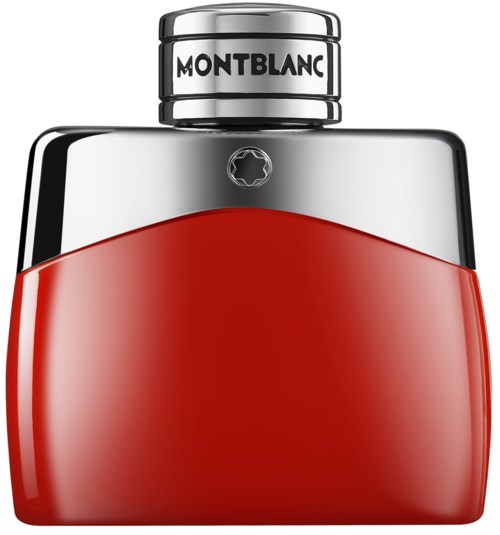 Rode en zilveren Montblanc-fles met dop, lijkt op een parfum- of colognes fles.