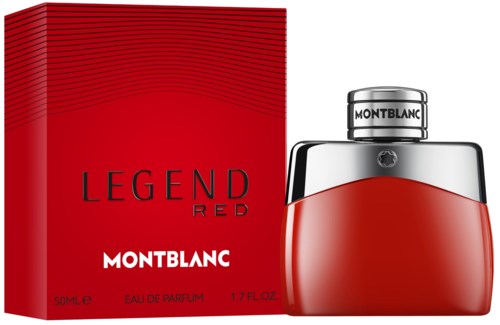 Rode parfumfles en doos met zwarte en witte tekst, gelabeld 'Legend Red' door Montblanc.