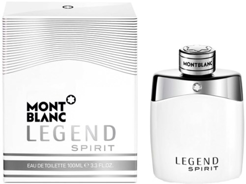 Montblanc Legend Spirit parfumfles en doos getoond, eenvoudig zwart-wit ontwerp, met tekstdetails.