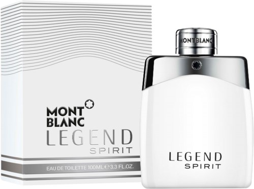 Een parfumbestemming gemarkeerd 'Legend Spirit' naast de doos. De doos is wit met zwarte tekst en lijnen.