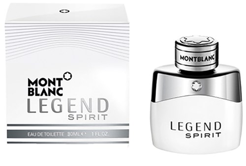 Montblanc Legend Spirit parfumfles en doos zijn wit met zwarte tekst en zilveren details.