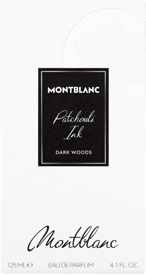 Montblanc parfumfles met zwart-witte label, genaamd Patchouli Ink, donkere bossen geur, 125 ml.