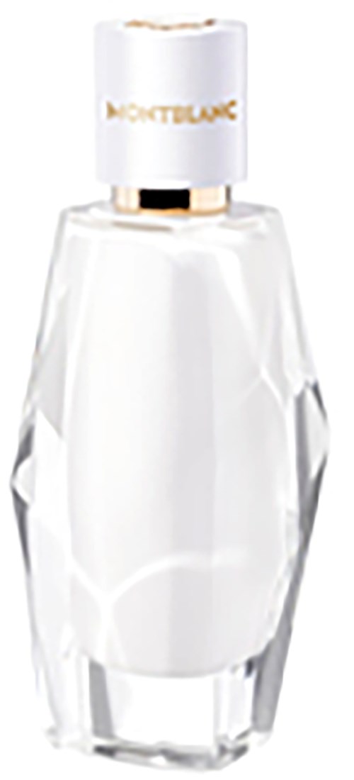 Een heldere parfumfles met witte dop en gouden accenten, gemerkt 'Montblanc'.