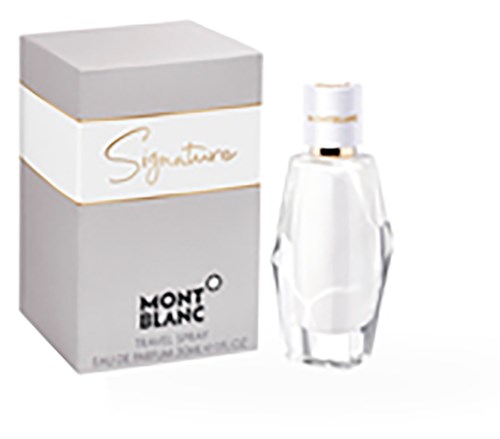 Een parfumfles met afneembare dop en een witte doos met "Signature" en "Montblank."