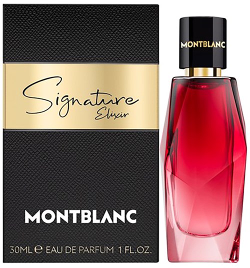 En Montblanc-parfymflaska och box, med namnet 'Signature Elixir', i svart, guld och rött.