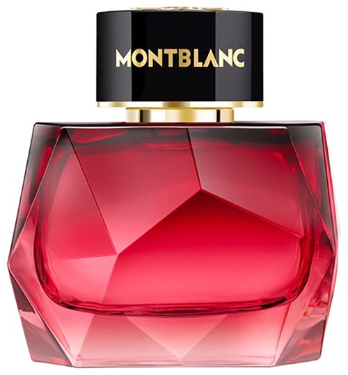 Een rode, juweelvormige parfumfles met een zwart en goudkleurige dop met Montblanc-merk.