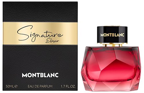 Montblanc parfumfles en doos met zwart, goud en rood ontwerp.