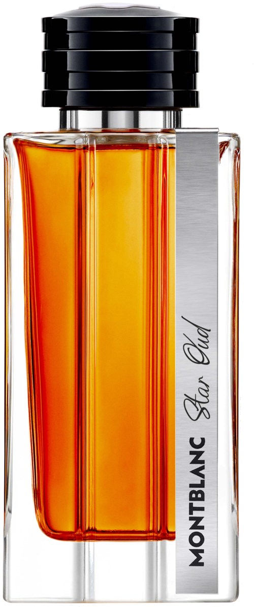 Een glazen parfumfles met oranje vloeistof, zwarte dop en Montblanc-merk op de zijkant.