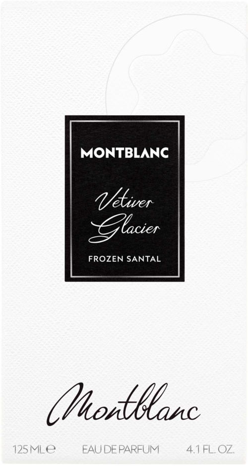 Een luxe parfumendoos met het label 'Montblanc Vetiver Glacier Frozen Santal' met elegante tekst en zwart-wit ontwerp.