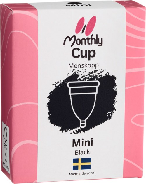 Eine pink-weiße Box mit der Aufschrift 'Monthly Cup MenSupp Mini Black' und einer schwarz-weißen Illustration eines Menstruationscups.