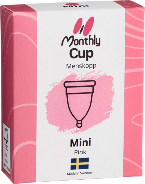Rosa Menstruationstasse in Verpackung, mit schwedischer Flagge, hergestellt in Schweden.