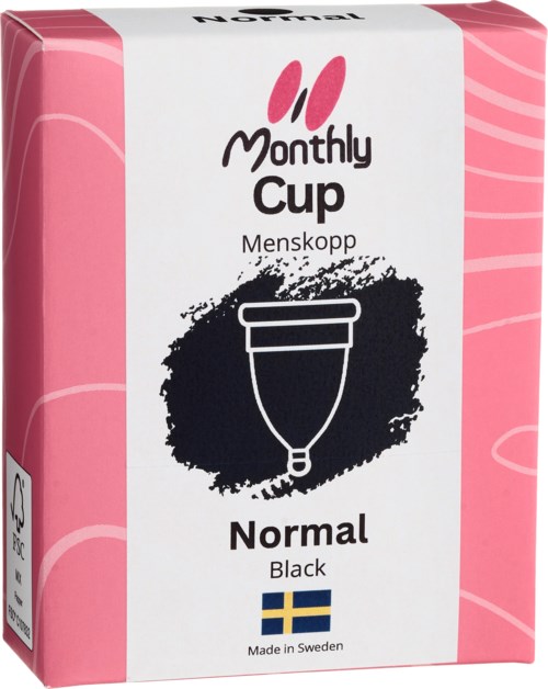 Eine rosa-weiße Verpackung mit schwarzer Menstruationskappen-Illustration, schwedischer Flagge und Produktdetails.