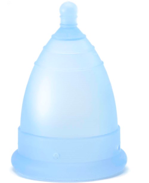 Kleines, blaues, plastikartiges glockenförmiges Objekt mit Griff oben und Rillen am Körper.