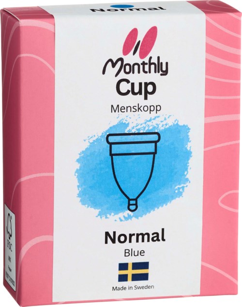 Eine Schachtel mit Menstruationscups, rosa Hintergrund, blaue Illustration und schwedische Flagge.