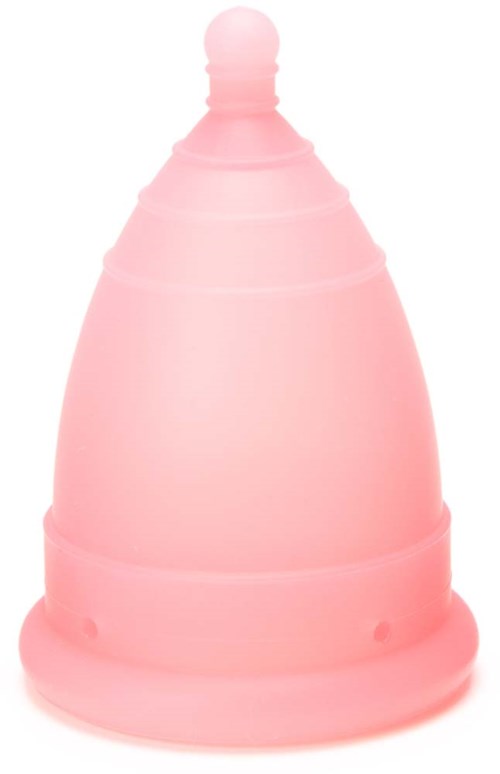 Rosa Menstruationstasse mit gerundeter Spitze und flexiblem, trichterförmigem Design für die Sammlung von Menstruationsfluss.