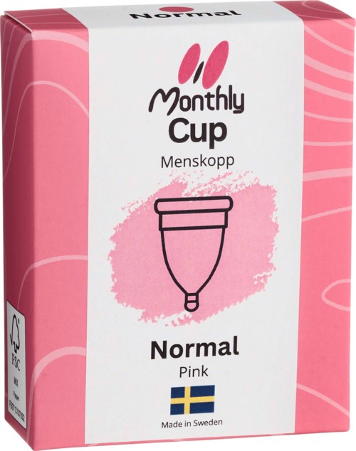 Rosa Verpackung mit Abbildung einer Menstruationstasse, Text zeigt Marke, Größe und schwedische Herkunft, schlichtes Design.