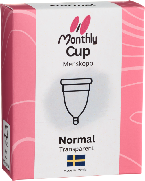 Verpackung für Menstruationstasse, beschriftet 'Monthly Cup', normale Größe, transparent, hergestellt in Schweden, mit schwedischer Flagge.