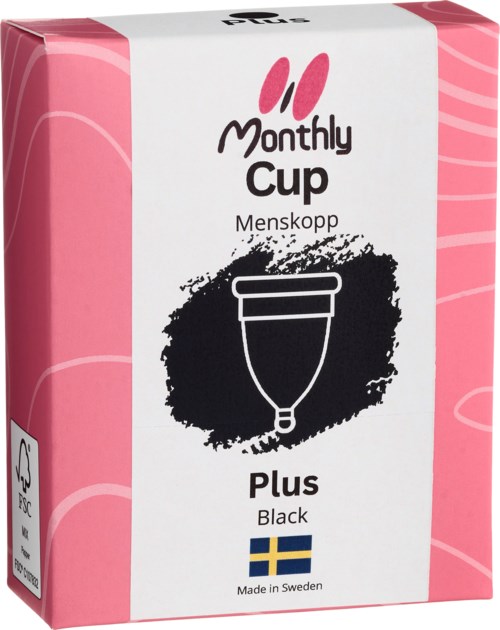 Eine pink-weiße Verpackung mit schwarzer Menstruationskuppe, schwedischer Flagge und Produktbeschreibung.