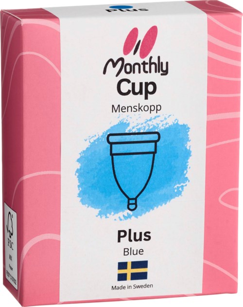 Pink und weiße Verpackung für Menstruationsbecher, blauer Produktname, schwedische Flagge, hergestellt in Schweden.