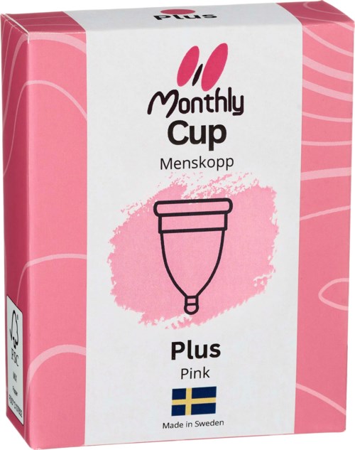 Rosa Menstruationskopp mit einfacher Linienzeichnung, beschriftet 'Monthly Cup Plus' aus Schweden.