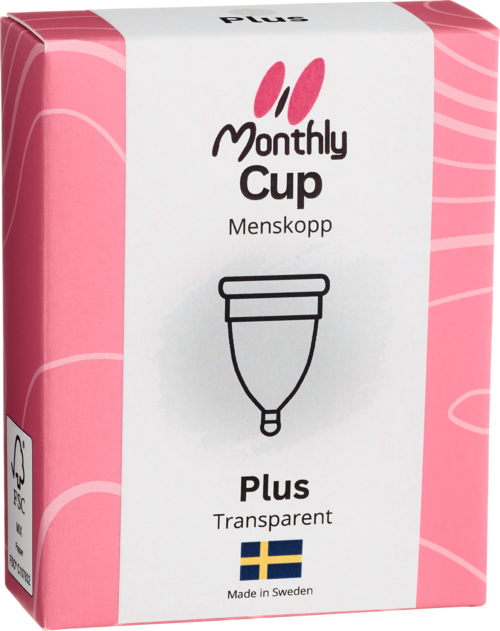 Rosa Schachtel mit Menstruationscup, einfache Illustration, schwedische Flagge und Texte auf Schwedisch und Englisch.