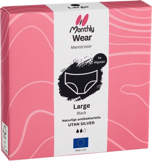 Rosa Verpackung mit schwarzer und weißer Zeichnung von Unterwäsche, gekennzeichnet als monatliche Herrenwäsche, Großgröße, antibakteriell, in der EU hergestellt.