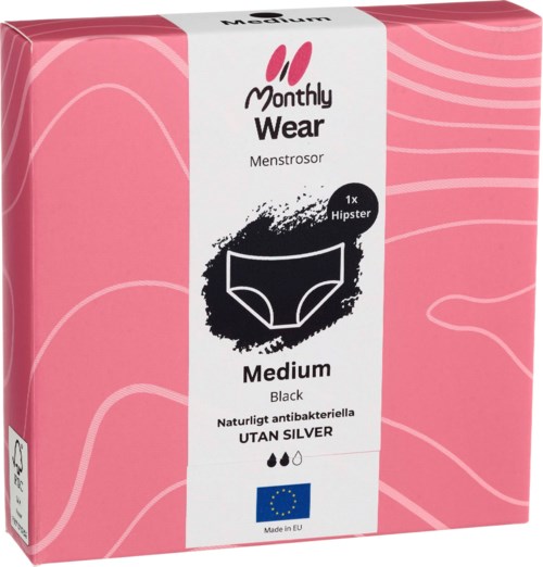 Eine rosa Verpackung mit 'Monthly Wear' Beschriftung, schwarzes und weißes Unterwäsche-Icon und Text. Für mittel, schwarz, antibakterielle Menstruationsunterwäsche.
